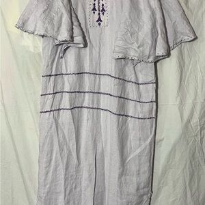 White Linen Maxi Dress with Purple Embroidery